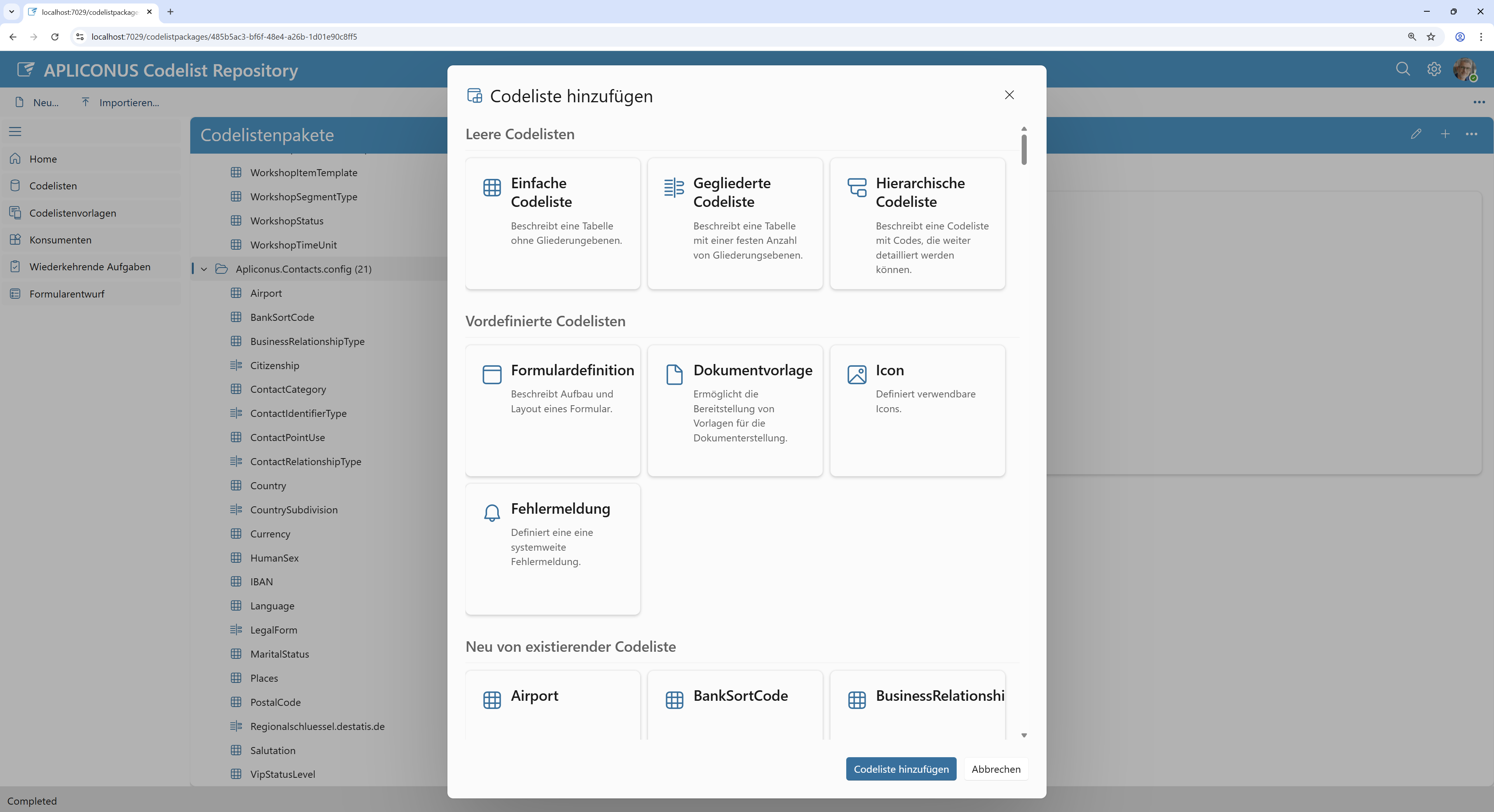 Neue Codelisten anlegen