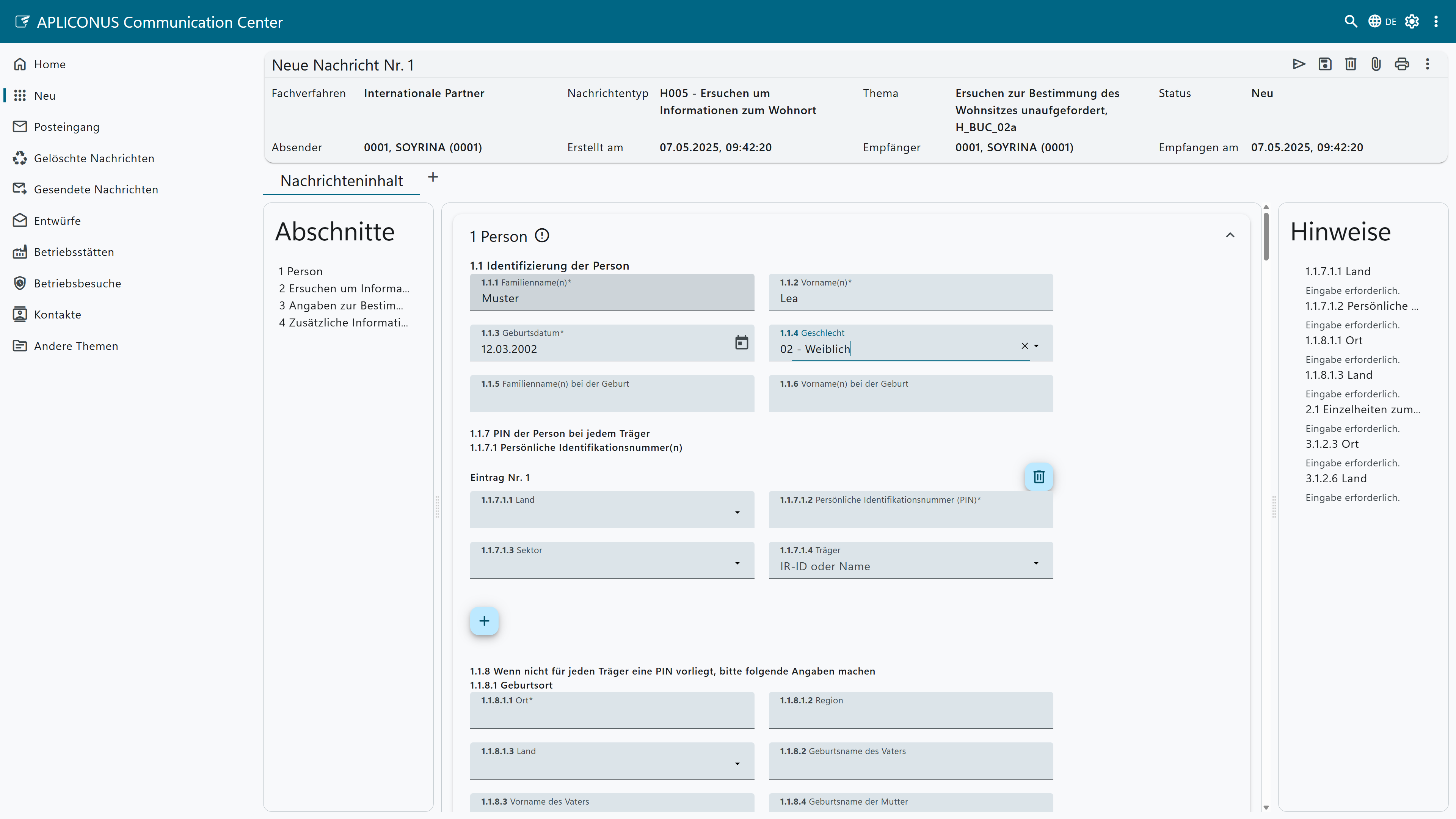 Screenshot eines großen Formulars in APLICONUS Communication Center