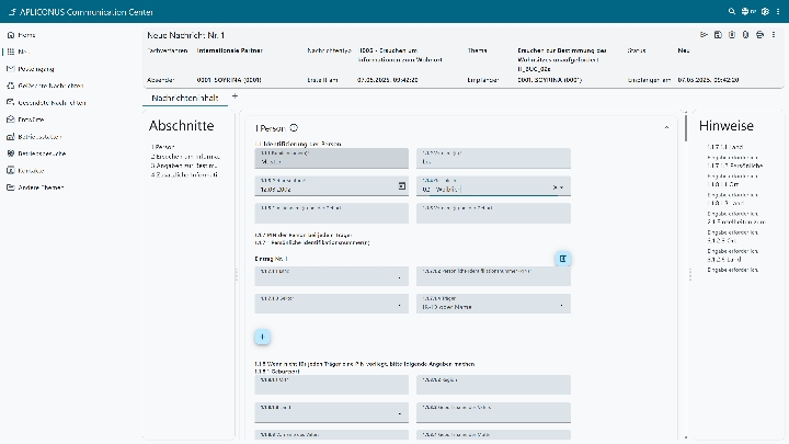 Screenshot eines großen Formulars in APLICONUS Communication Center