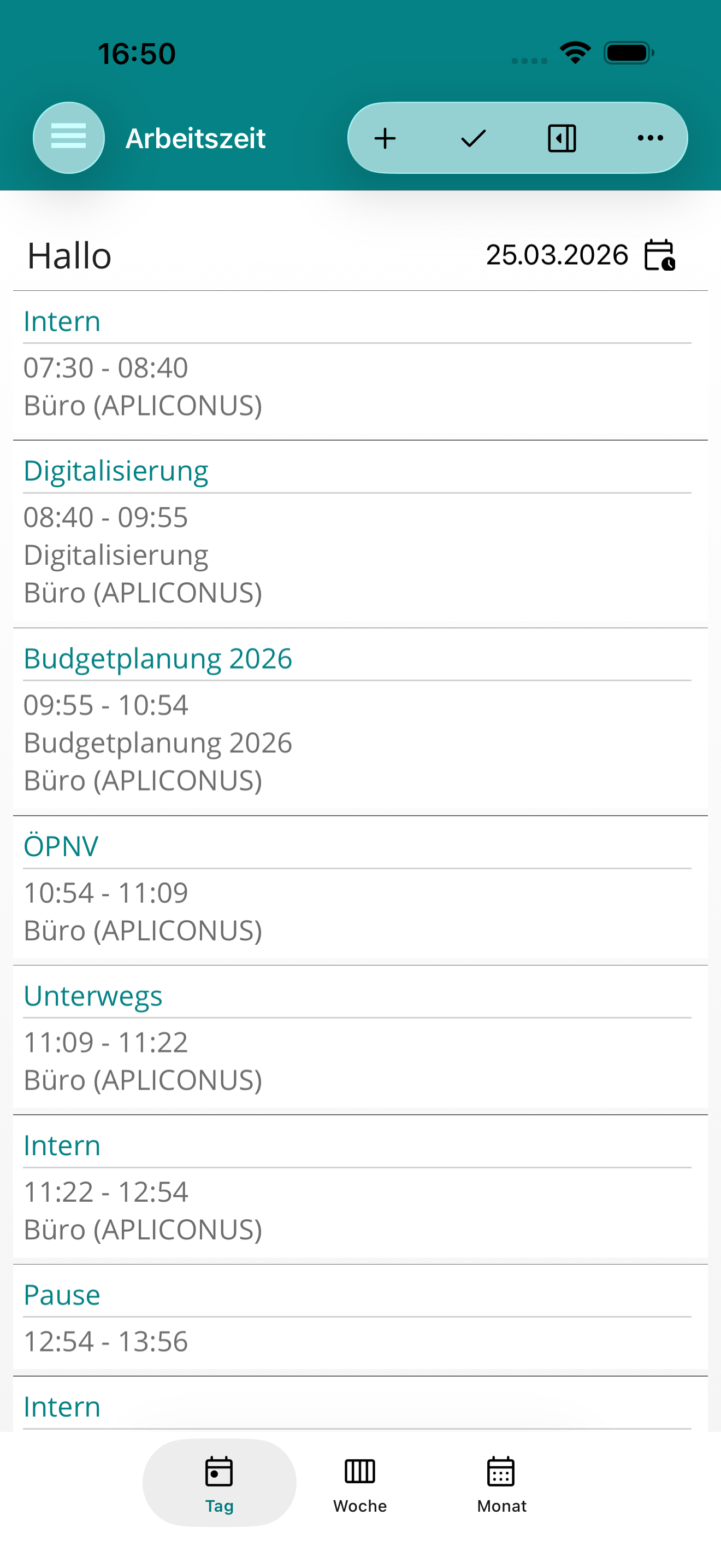 Arbeitszeiten zuverlässig im Blick – Screenshot von APLICONUS infield Pro (iPhone)