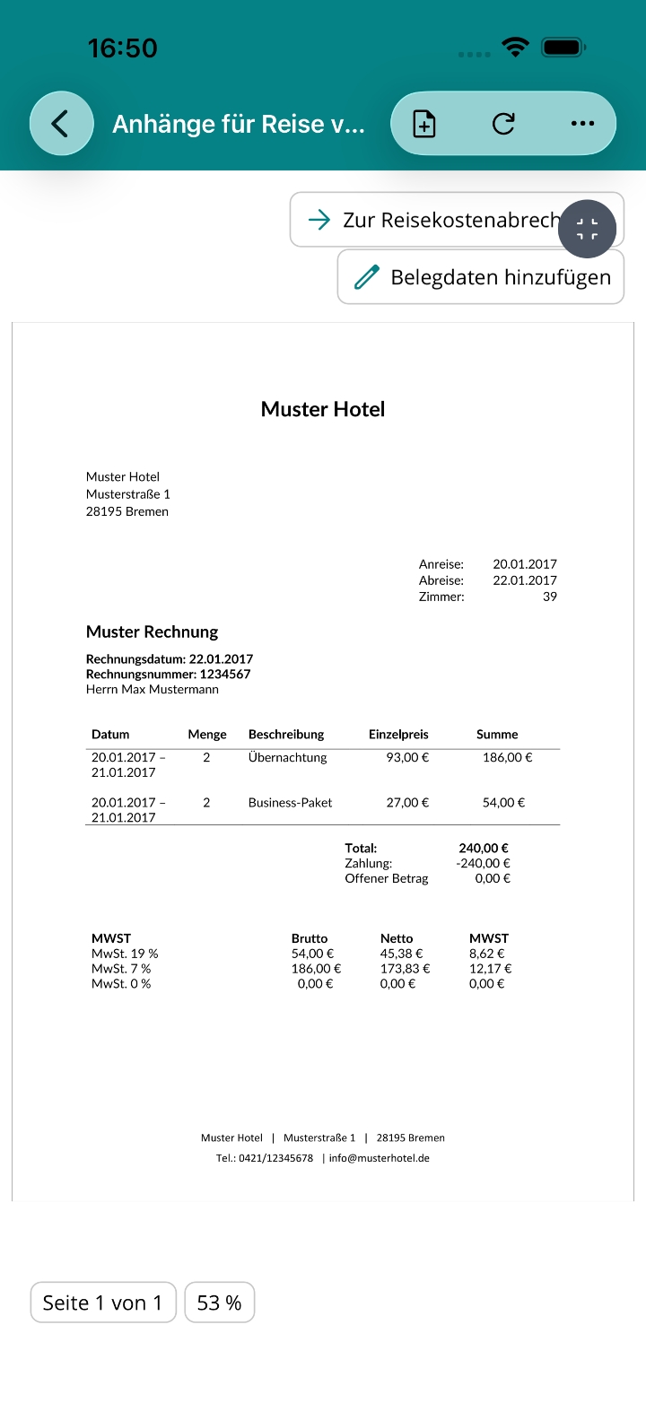Musterbeleg als Reiseanhang auf dem iPhone.