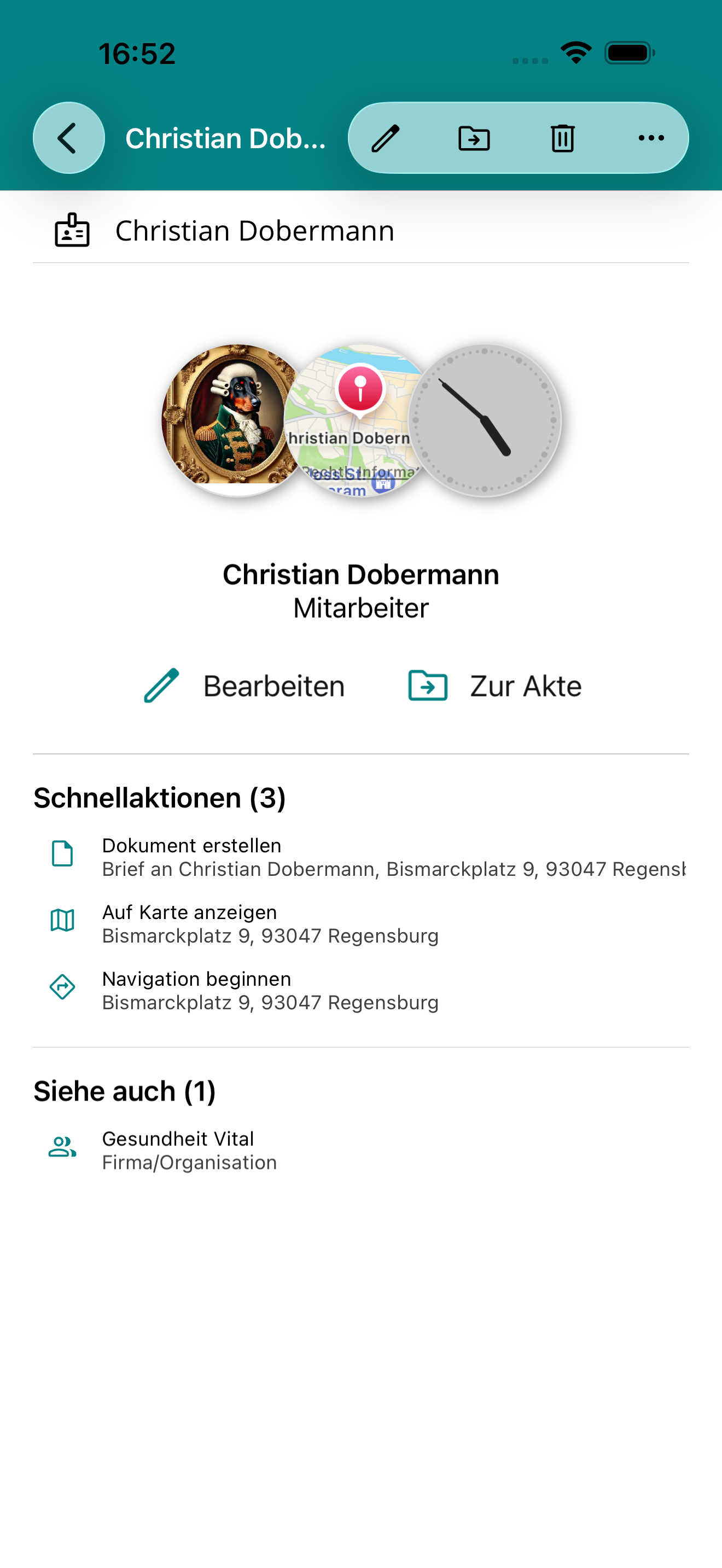 Kontakte zentral pflegen – Screenshot von APLICONUS infield Pro (iPhone)