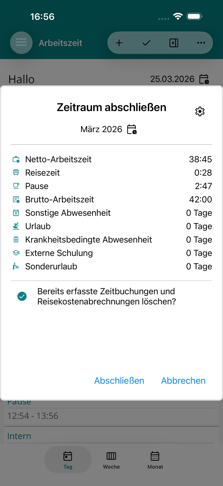 Monatsabschluss sicher vorbereiten – Screenshot von APLICONUS infield Pro (iPhone)