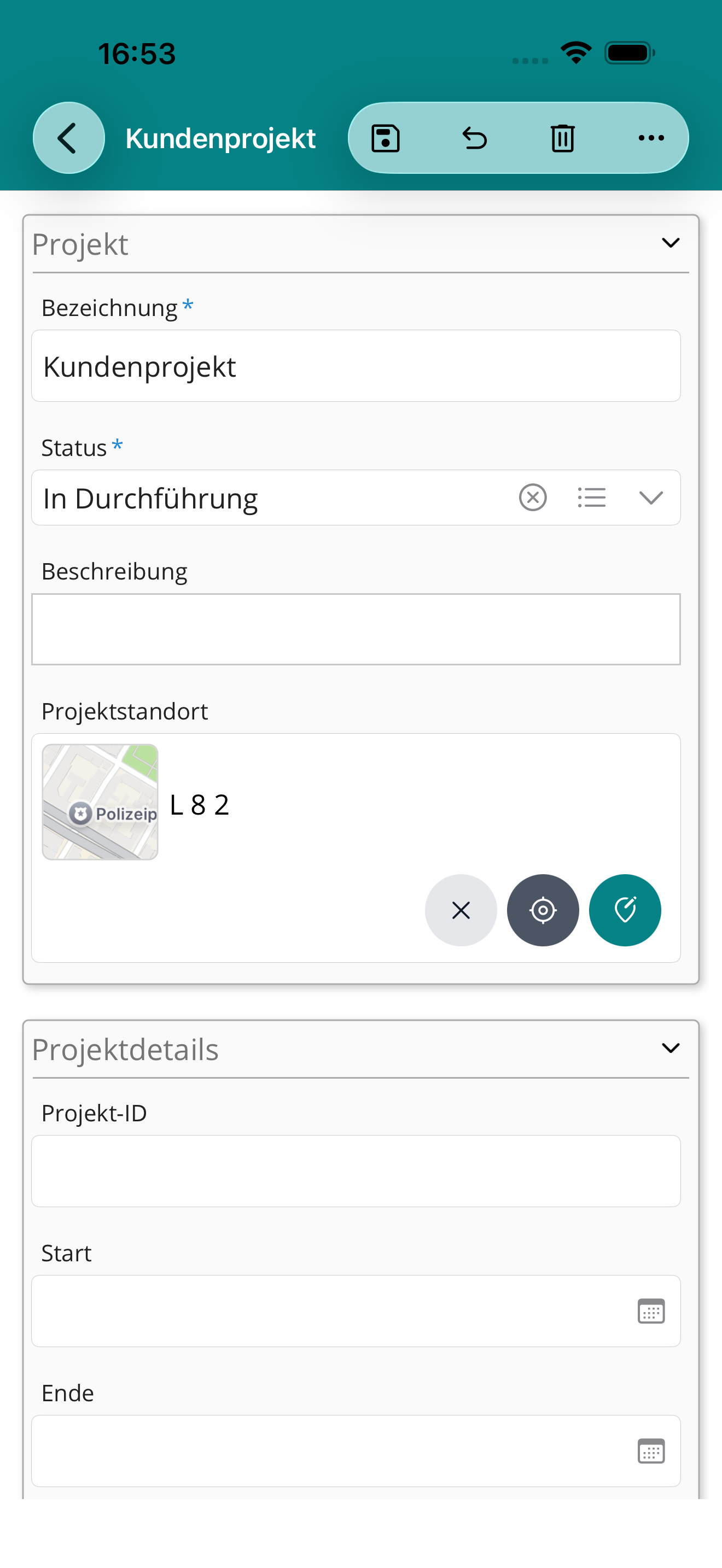 Projekte mit ihrem Einsatzort – Screenshot von APLICONUS infield Pro (iPhone)