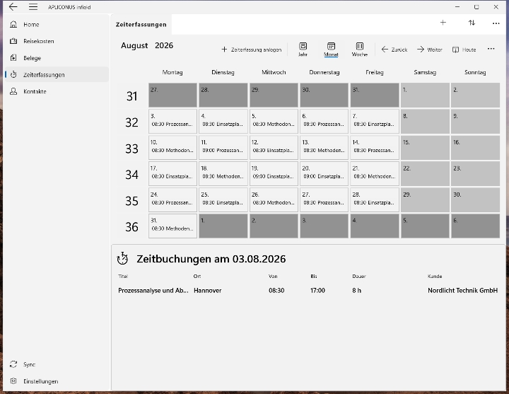 Arbeitszeiten im Monatsüberblick – Screenshot von APLICONUS infield (Windows)