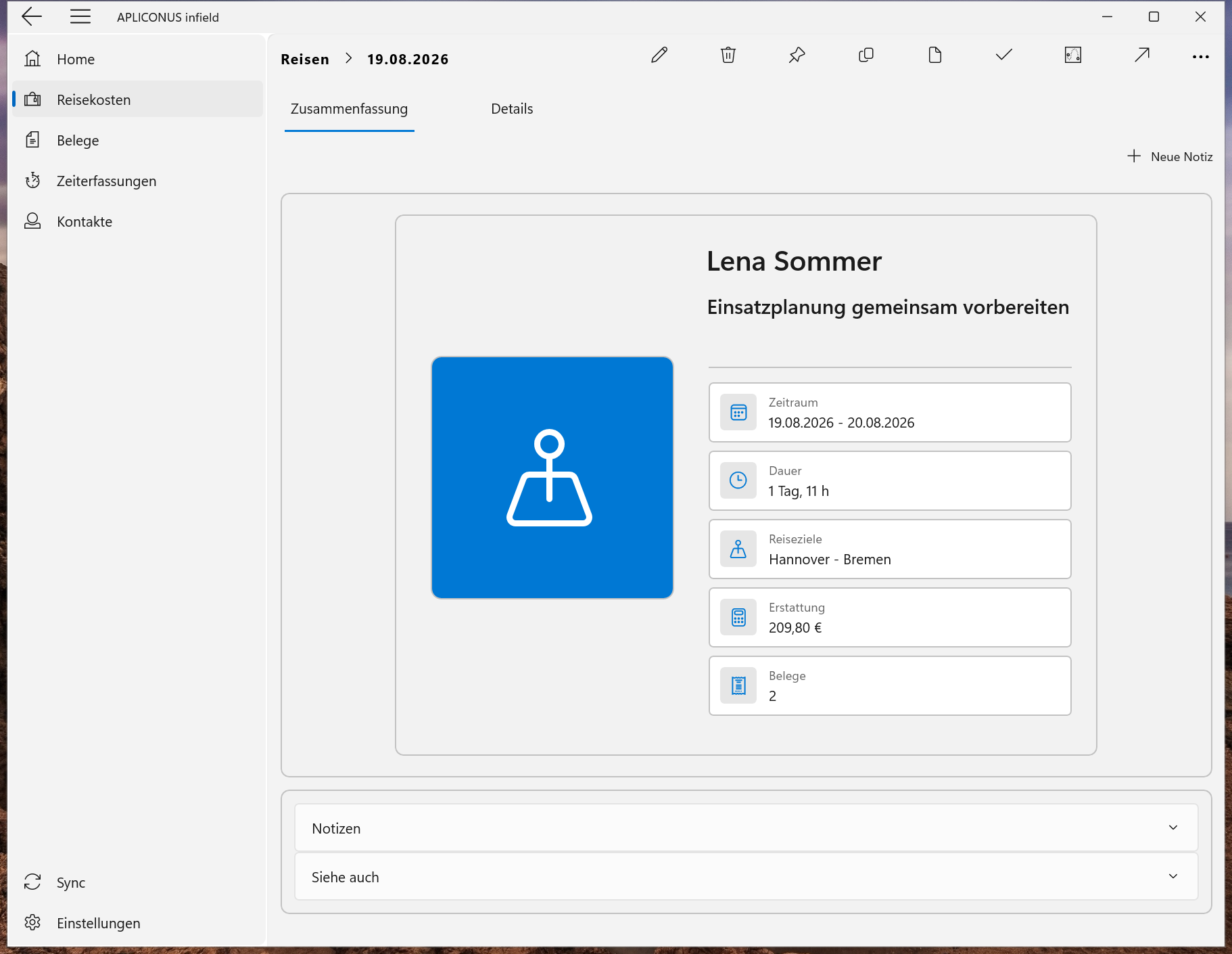 Dienstreisen nachvollziehen – Screenshot von APLICONUS infield (Windows)